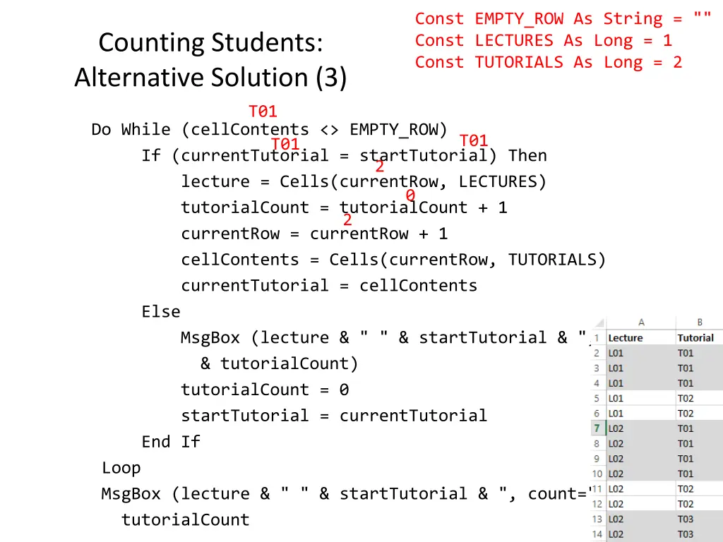 const empty row as string const lectures as long