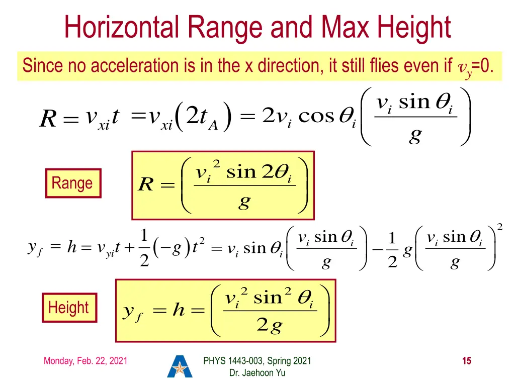 horizontal range and max height since
