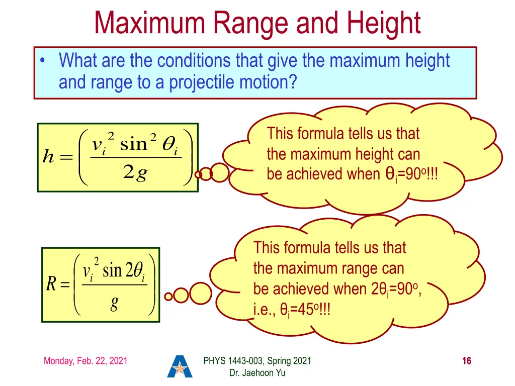 maximum range and height what are the conditions