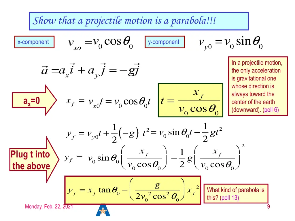 show that a projectile motion is a parabola v xo