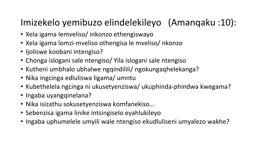 imizekelo yemibuzo elindelekileyo amanqaku