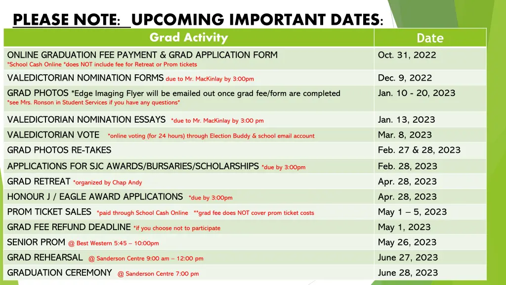 please note upcoming important dates grad activity