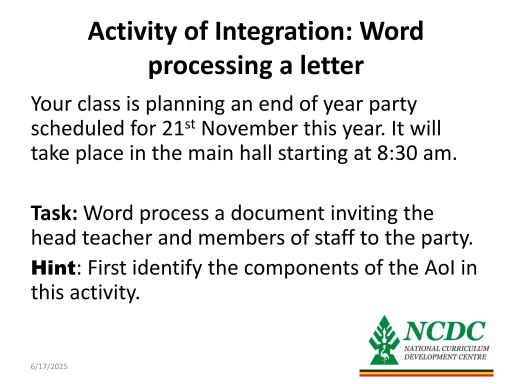 activity of integration word processing a letter