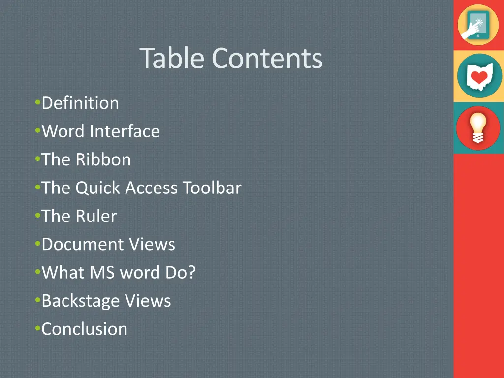 table contents