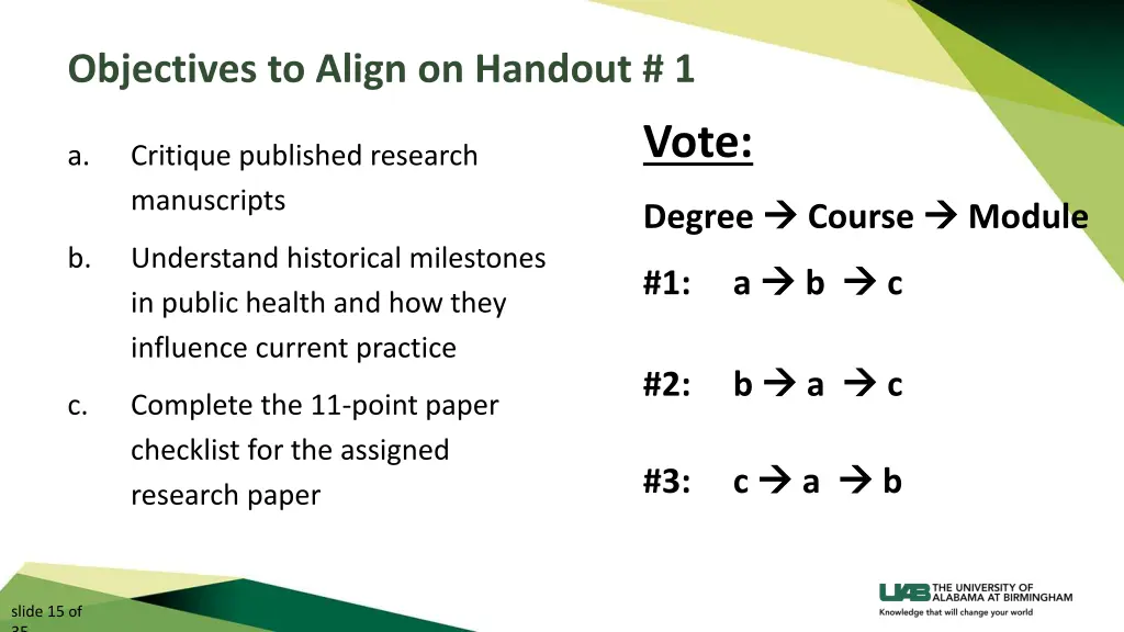objectives to align on handout 1