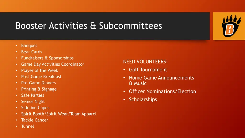 booster activities subcommittees