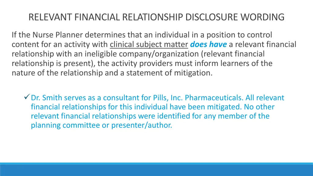 relevant financial relationship disclosure wording