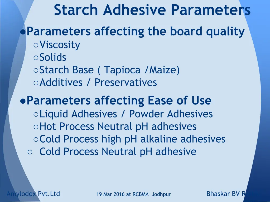 starch adhesive parameters