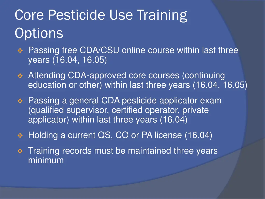 core pesticide use training options