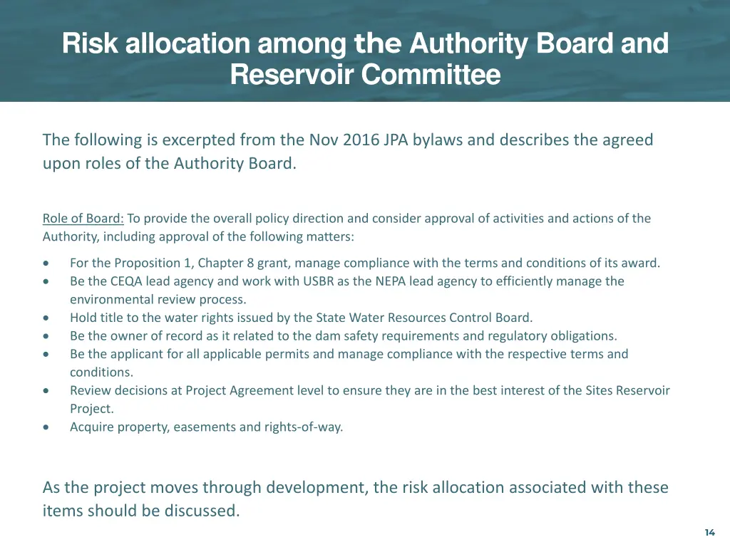 risk allocation among the authority board