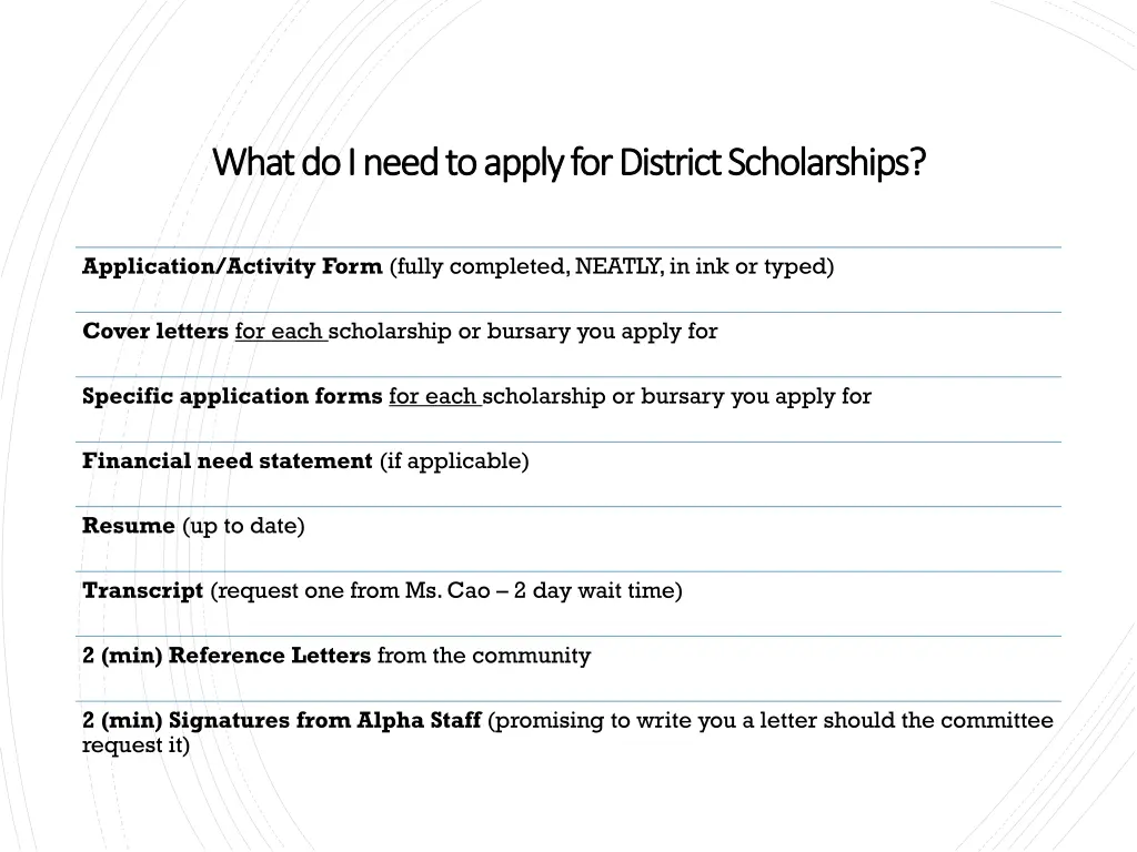 what do i need to apply for district scholarships