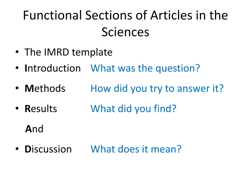 functional sections of articles in the sciences