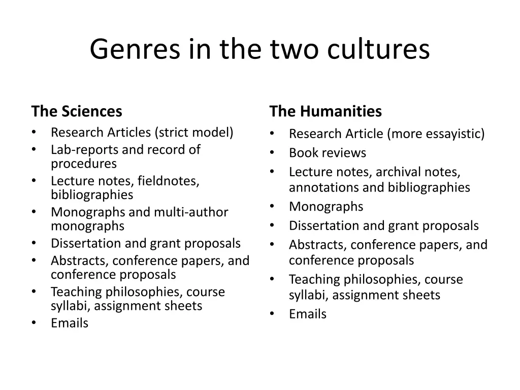 genres in the two cultures