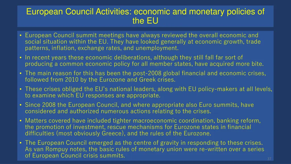 european council activities economic and monetary
