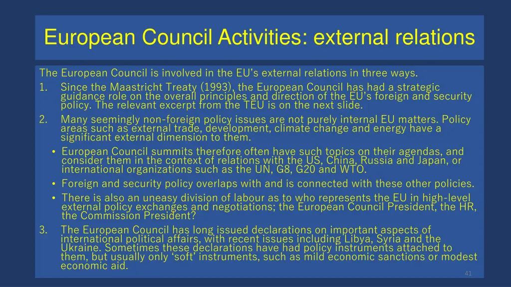 european council activities external relations