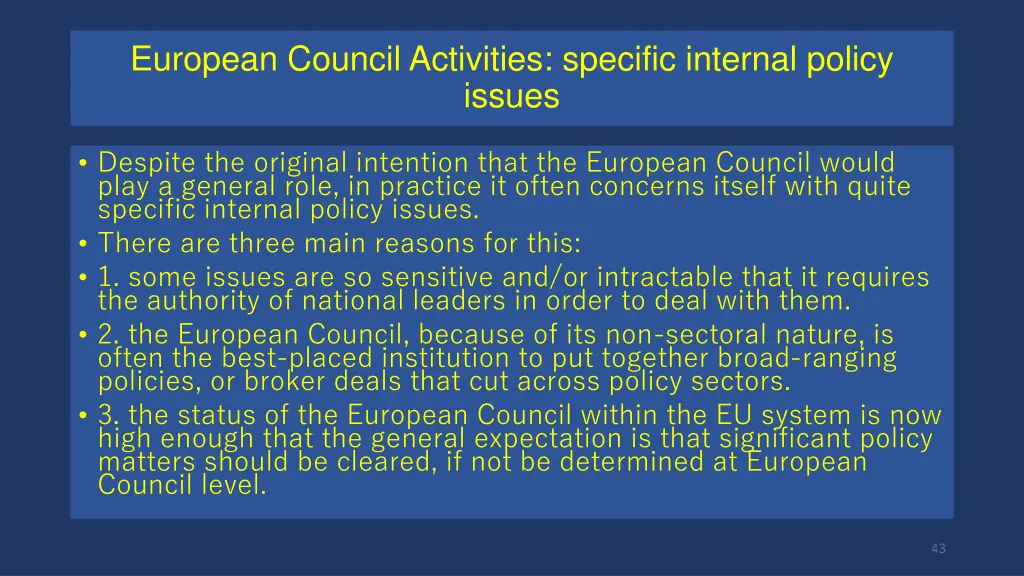 european council activities specific internal