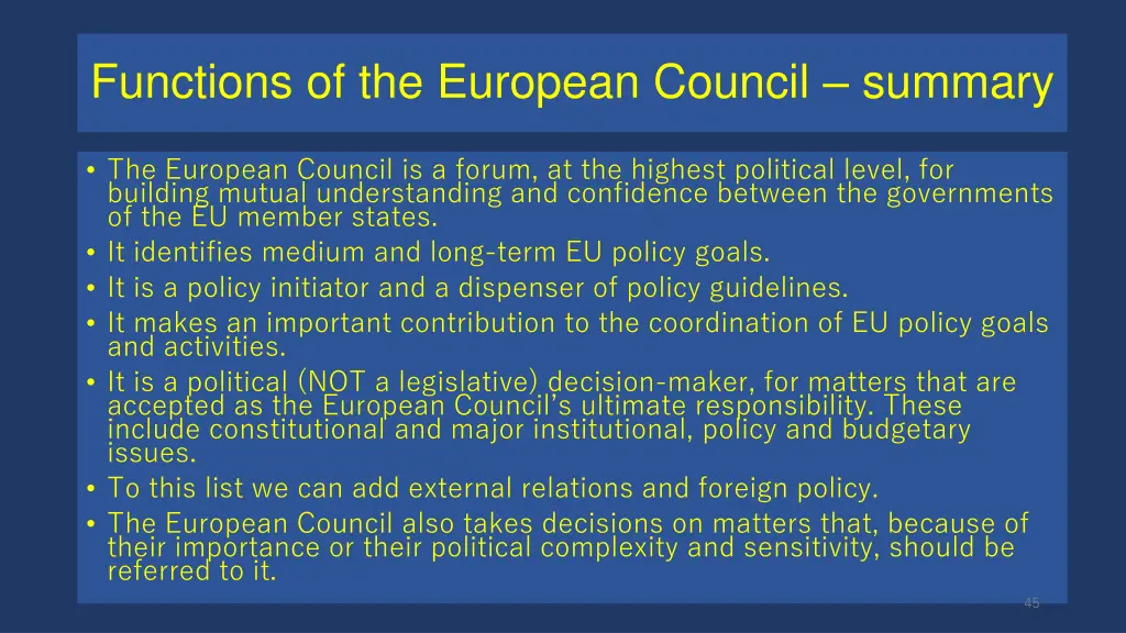 functions of the european council summary