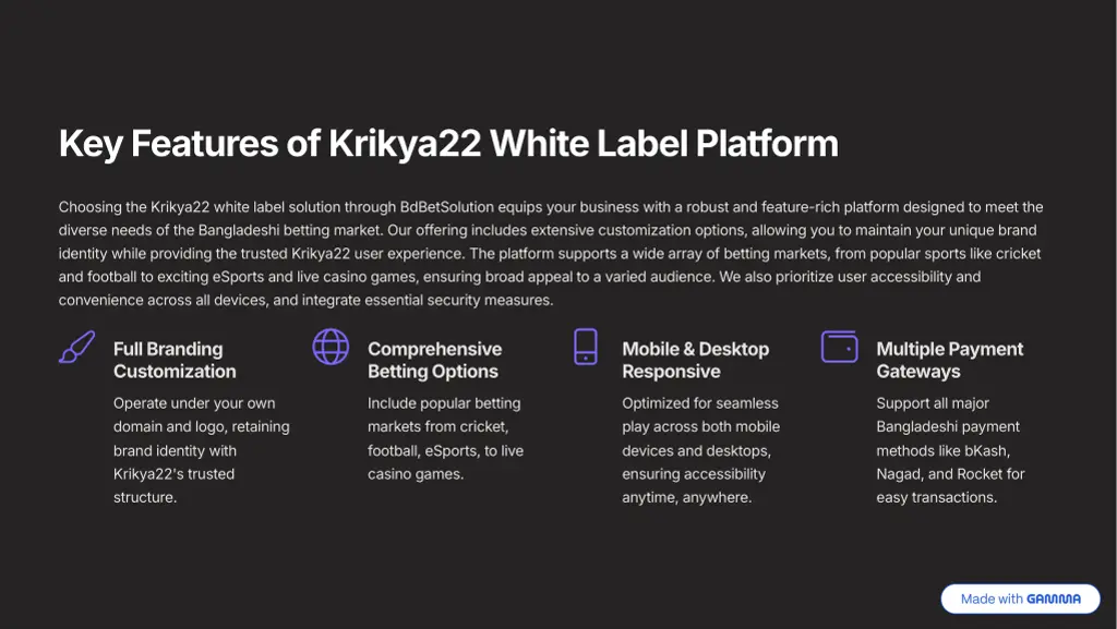 key features of krikya22 white label platform