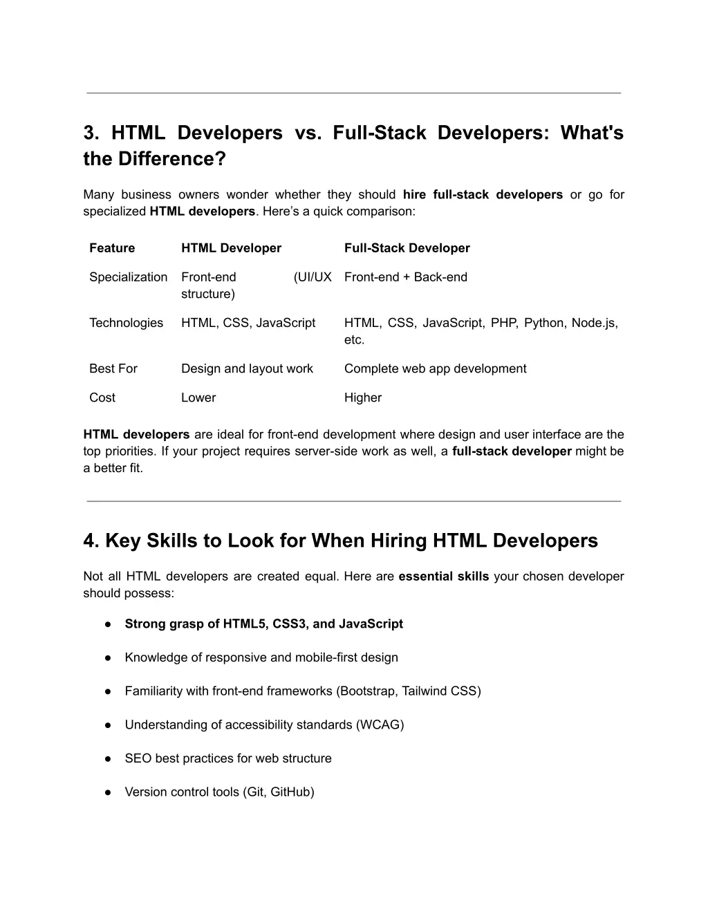 3 html developers vs full stack developers what