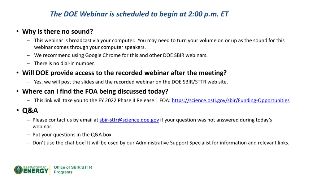 the doe webinar is scheduled to begin