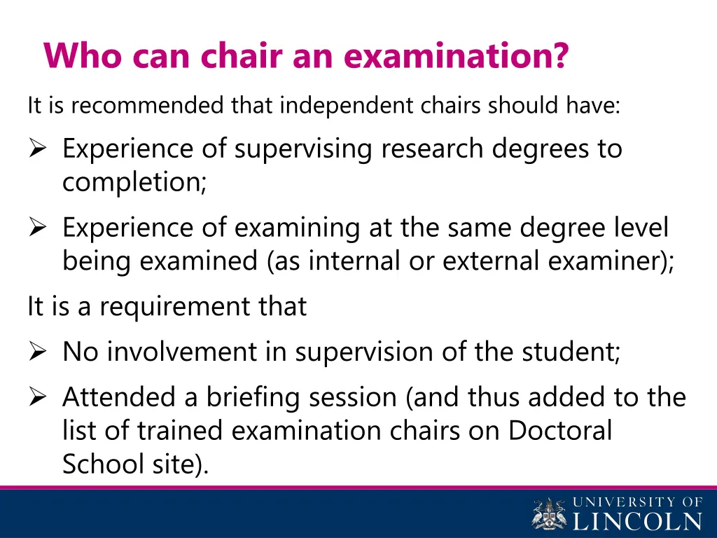 who can chair an examination it is recommended