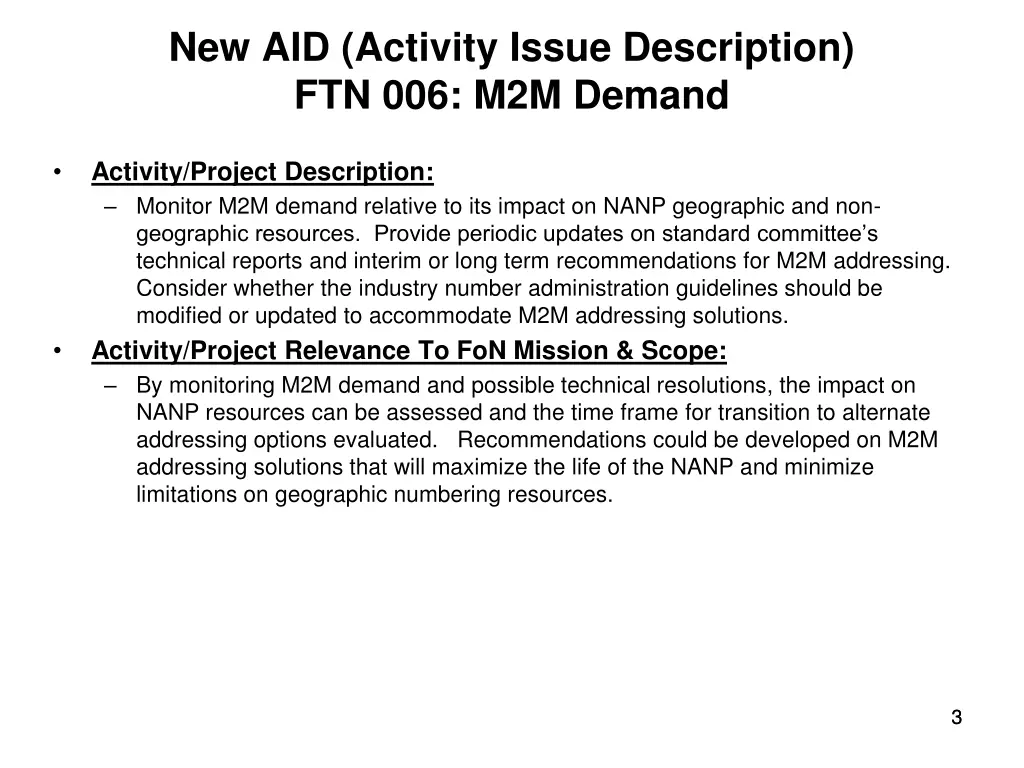 new aid activity issue description