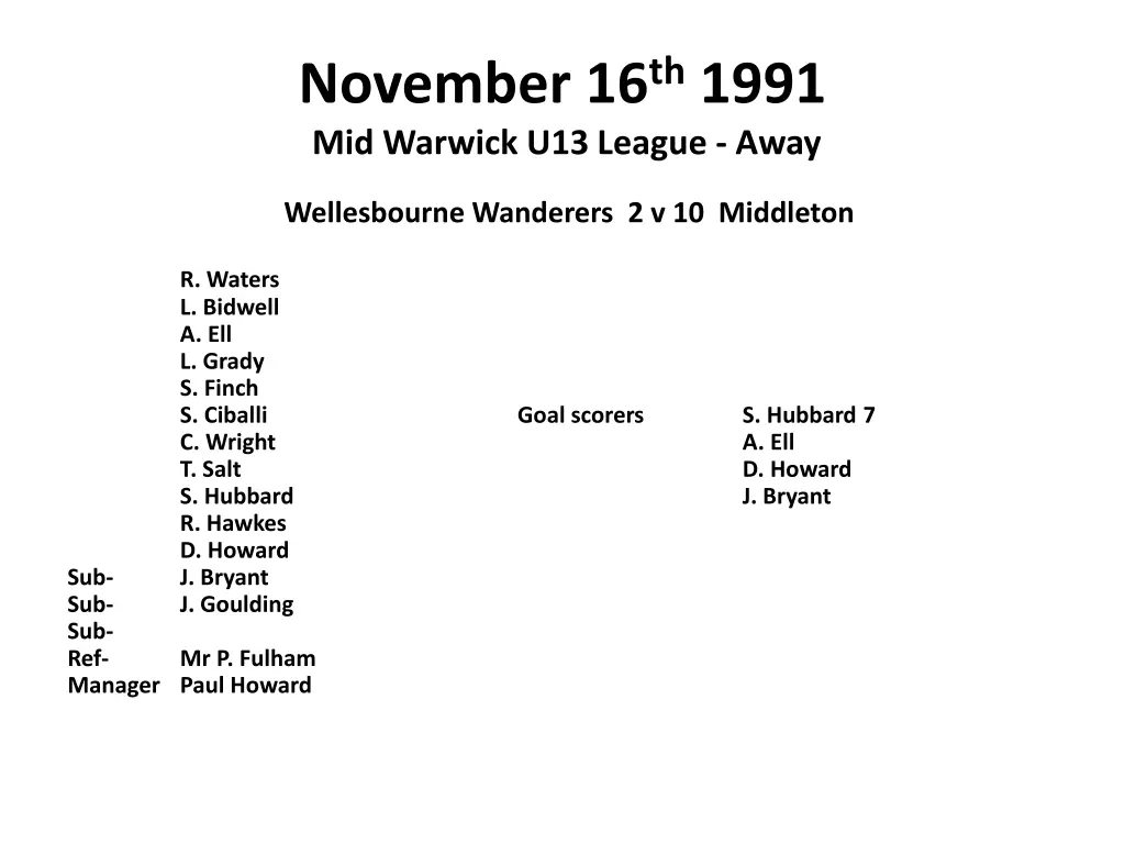 november 16 th 1991 mid warwick u13 league away