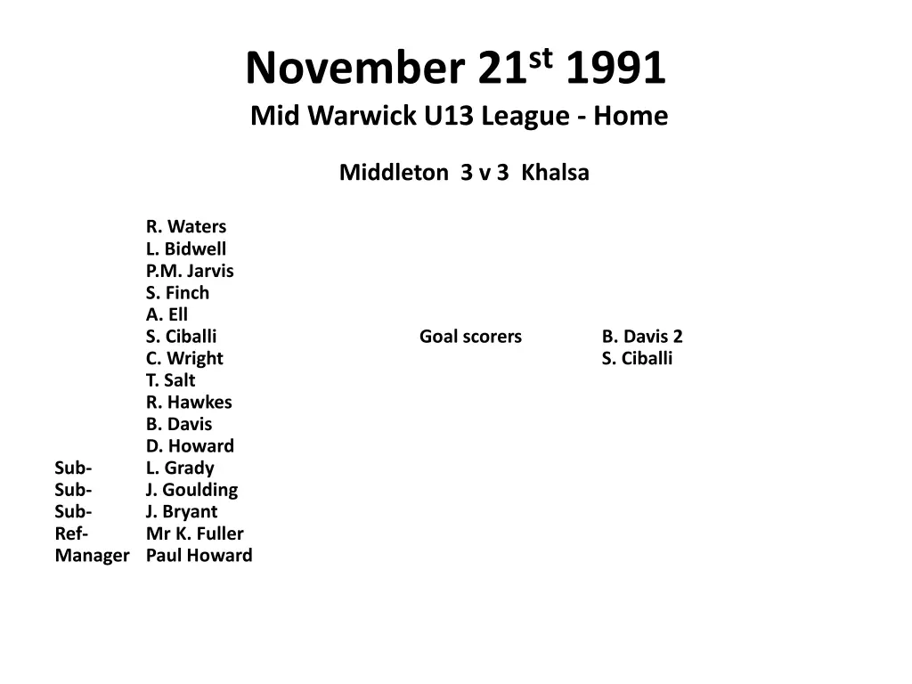 november 21 st 1991 mid warwick u13 league home