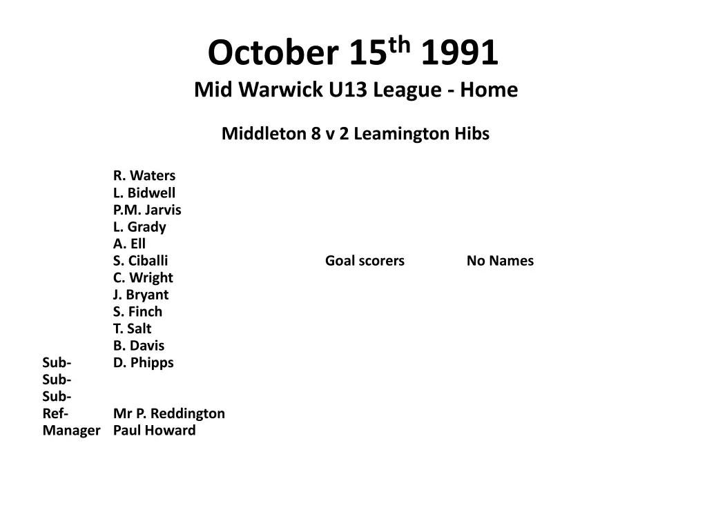 october 15 th 1991 mid warwick u13 league home