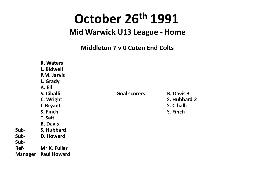 october 26 th 1991 mid warwick u13 league home