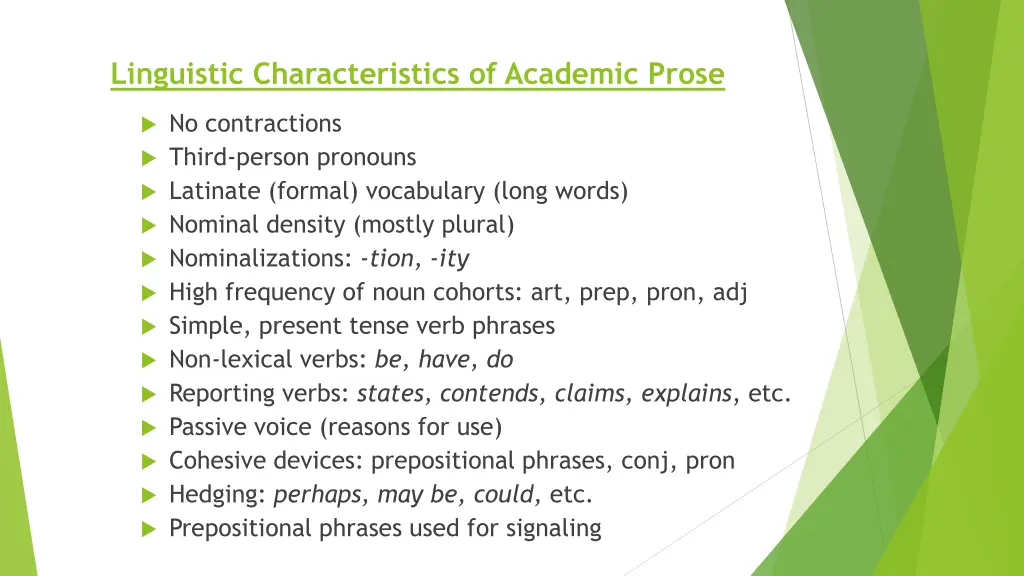 linguistic characteristics of academic prose