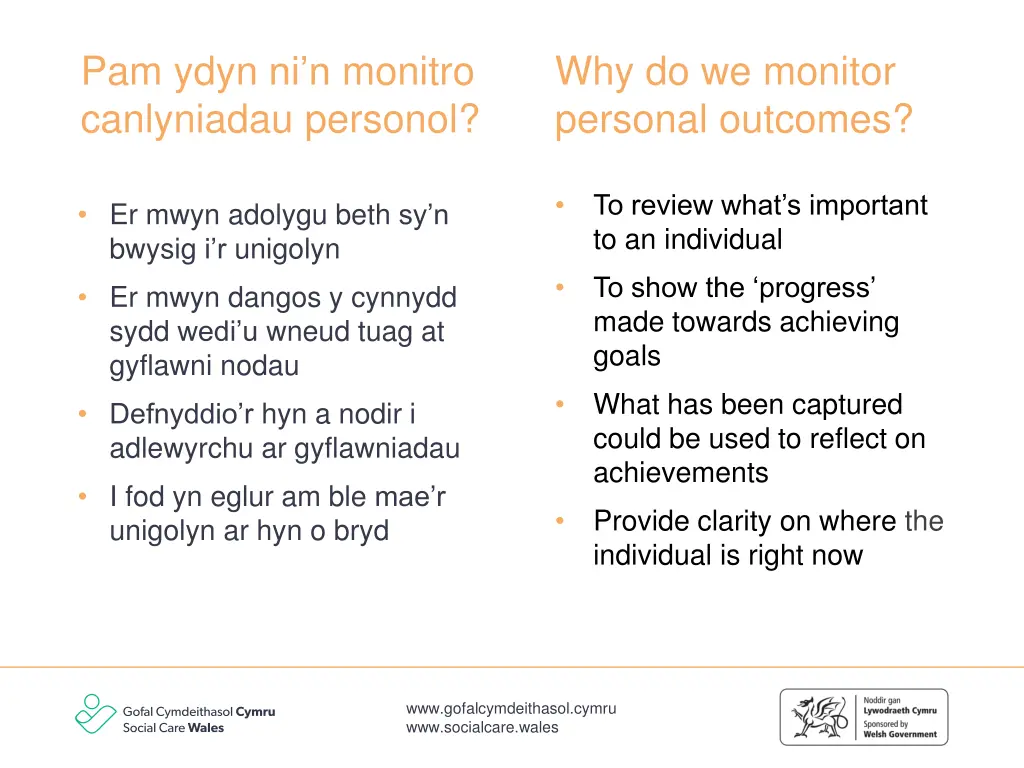 pam ydyn ni n monitro canlyniadau personol
