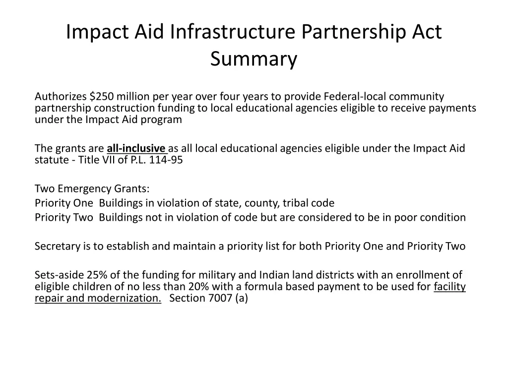 impact aid infrastructure partnership act summary