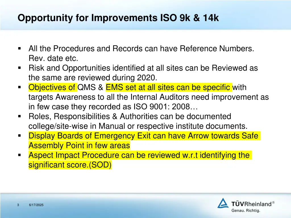 opportunity for improvements iso 9k 14k