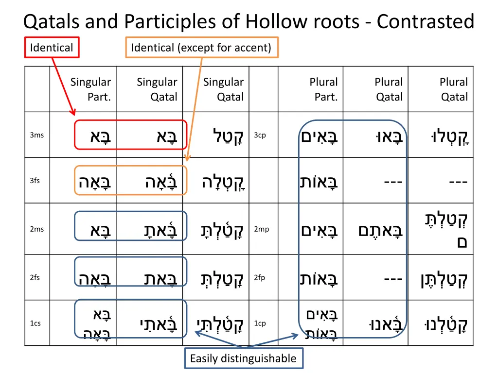 qatals and participles of hollow roots contrasted 5