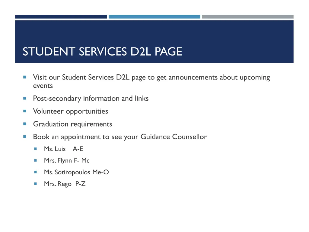 student services d2l page