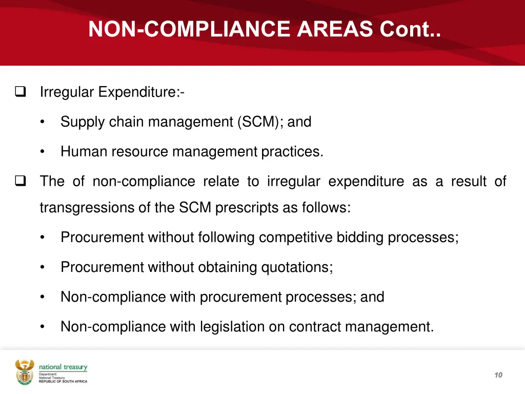 non compliance areas cont