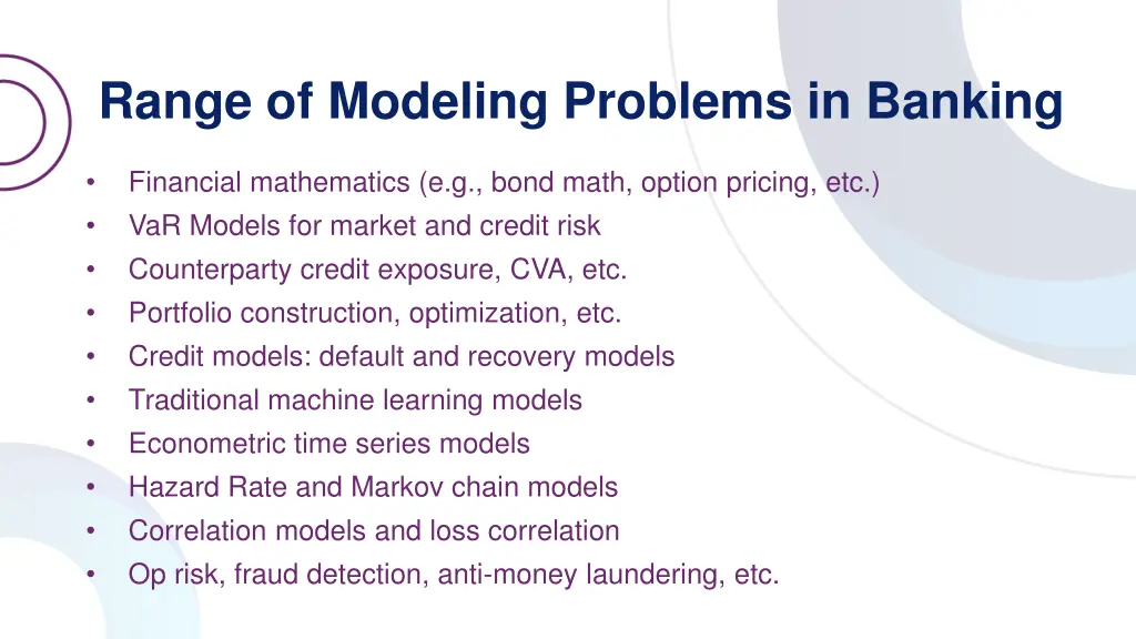 range of modeling problems in banking