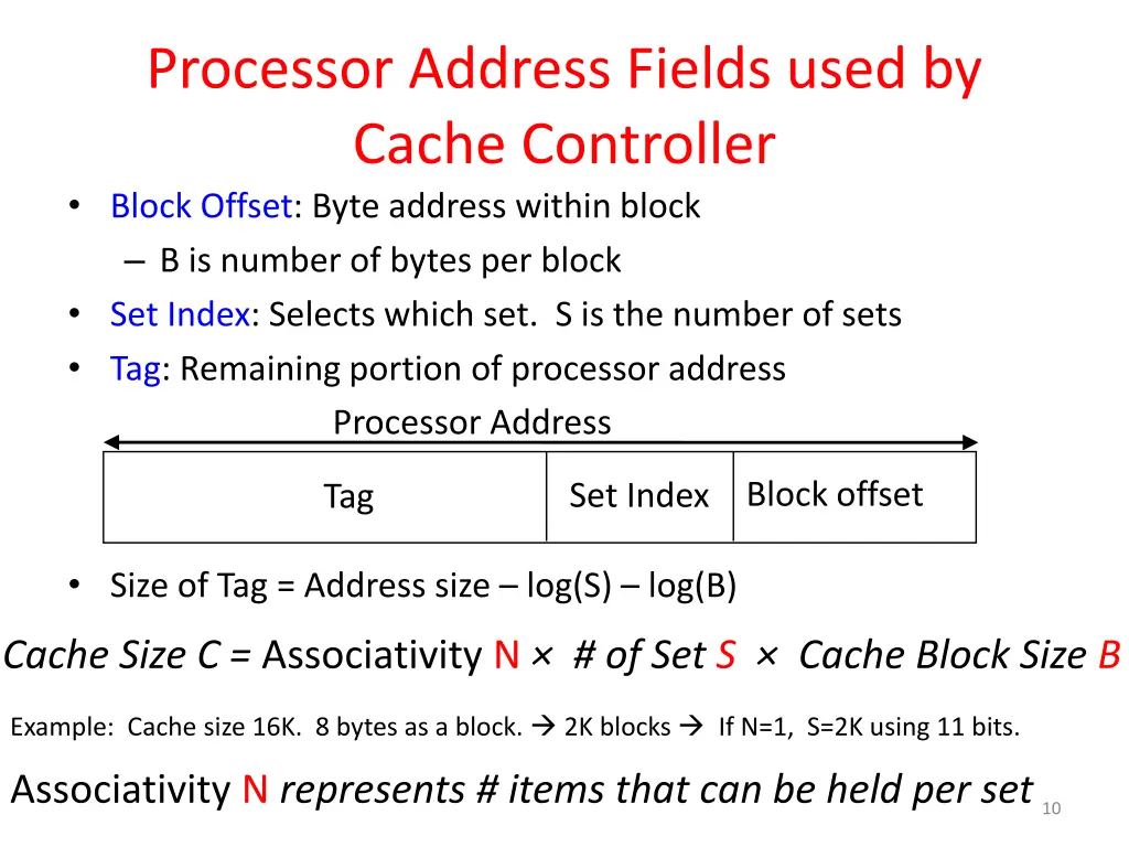 processor address fields used by cache controller