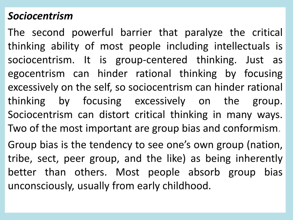 sociocentrism the second powerful barrier that