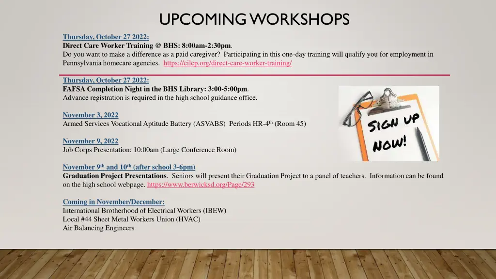 upcoming workshops