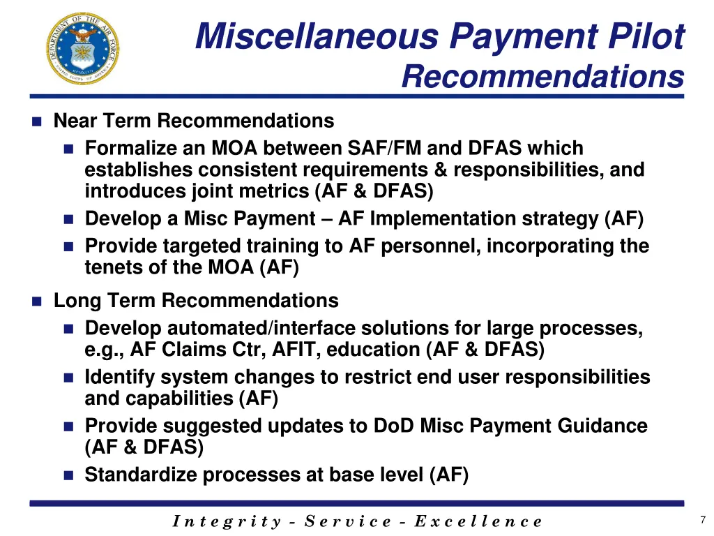 miscellaneous payment pilot recommendations