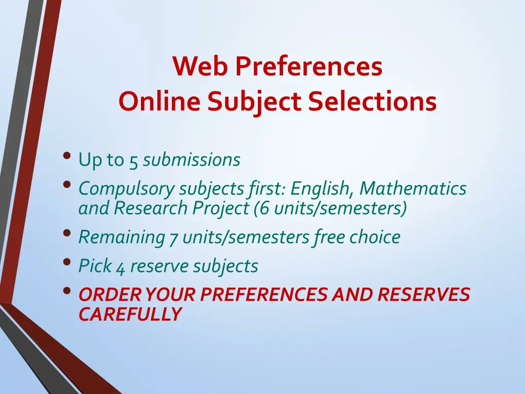 web preferences online subject selections