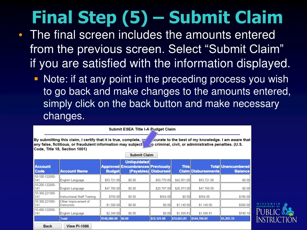 final step 5 submit claim the final screen