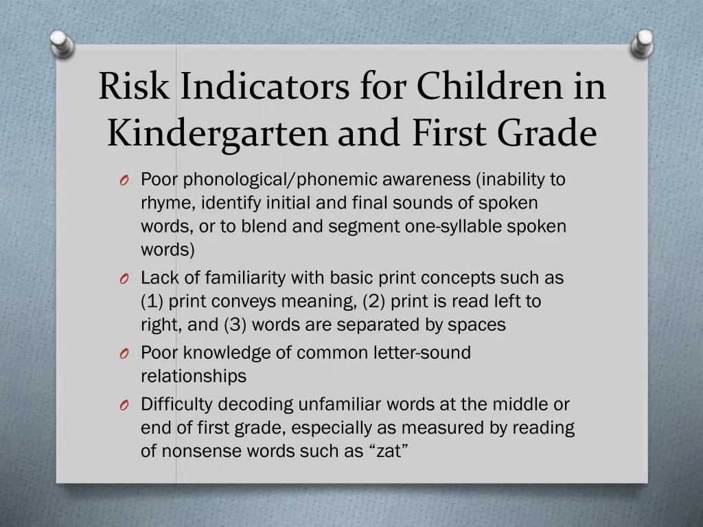 risk indicators for children in kindergarten