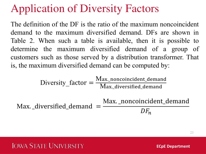 application of diversity factors