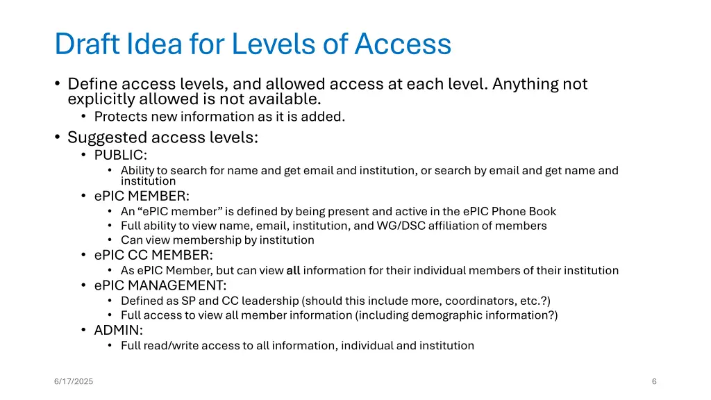 draft idea for levels of access