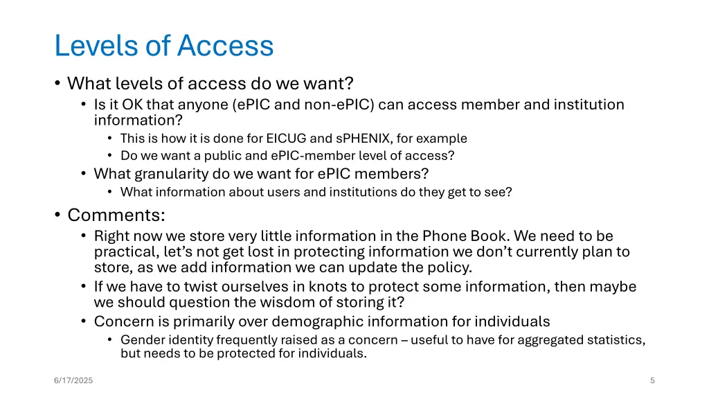 levels of access what levels of access do we want