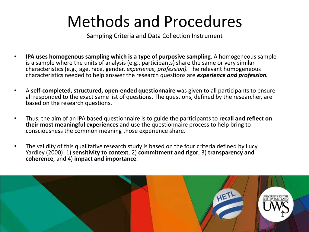 methods and procedures sampling criteria and data