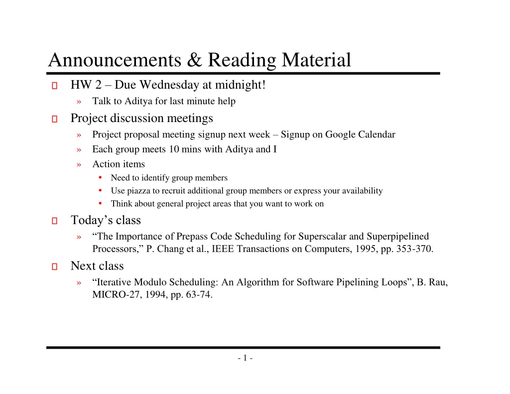 announcements reading material hw 2 due wednesday